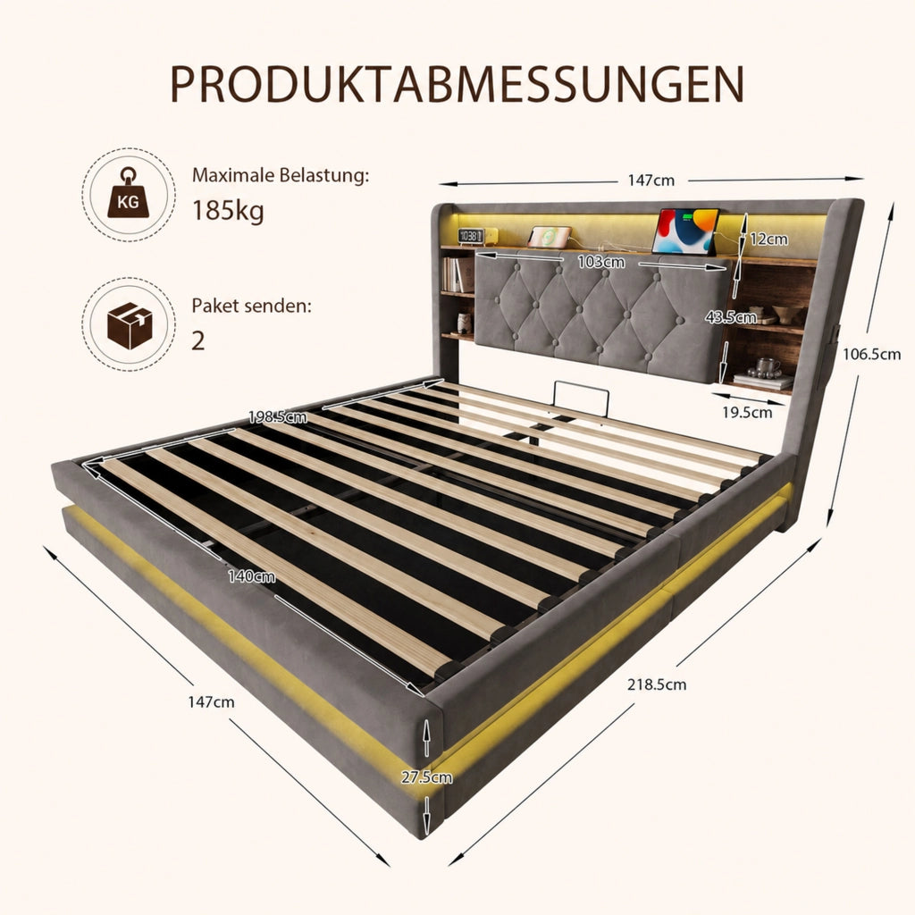Letto imbottito con contenitore 140 x 200 cm in velluto, testiera multifunzione con ripiani aperti, LED, 2 USB e Type-C, grigio scuro