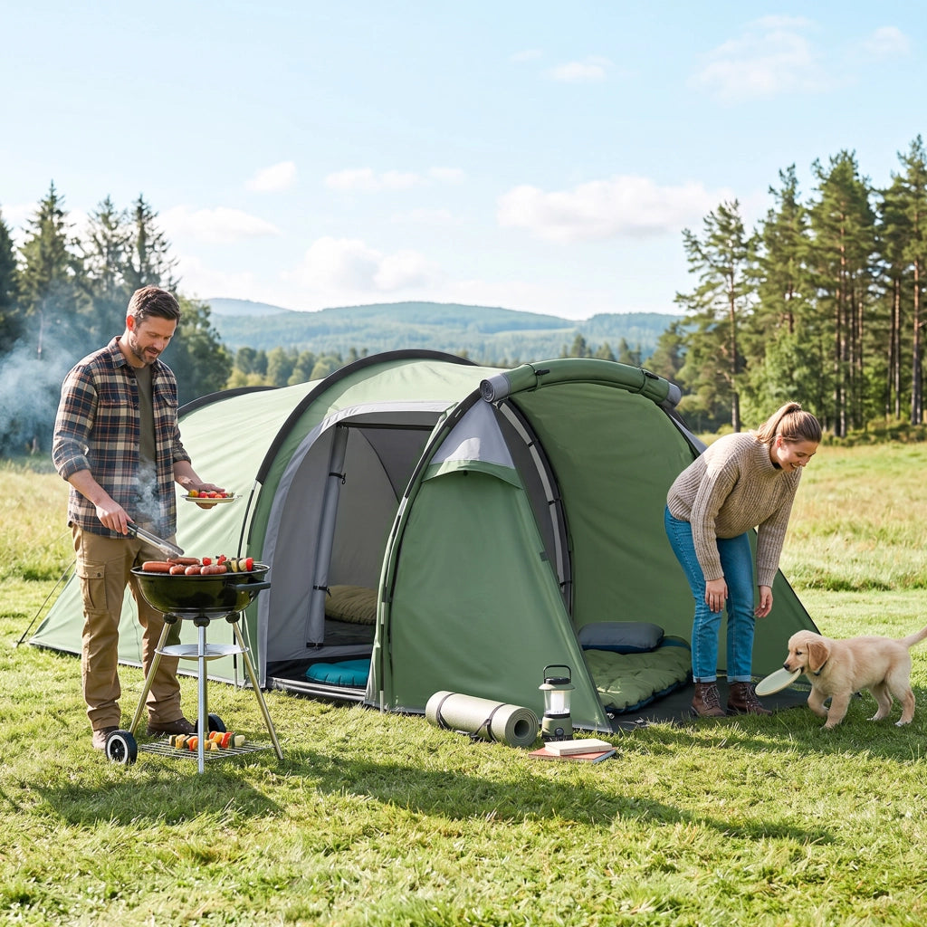 Tenda da Campeggio 2-4 Posti con Telo Impermeabile e Porte con Cerniera, 426x206x15 cm, Verde Scuro