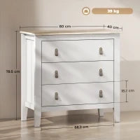 Cassettiera per Camera da Letto a 3 Cassetti con Maniglie in Finta Pelle, 80x40x78.5 cm, Bianco