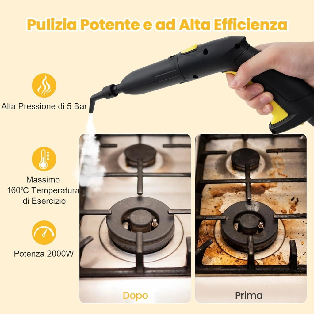 2000W Pulitore a Vapore, Vaporizzatore Portatile con Serbatoio 1,8L, er Uso Domestico con Accessori, Macchina per Pulizia su Pavimenti Finestre Tappeti (Giallo)