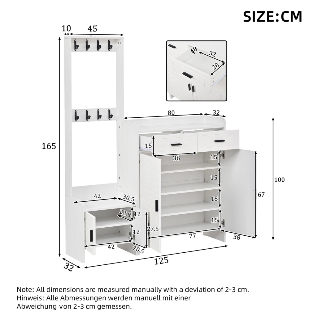 Mobile ingresso con appendiabiti e scarpiera 125x36x165 cm; bianco; in truciolare e MDF