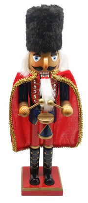Soldato Schiaccianoci Natalizio H38 cm in Legno con Mantello e Tamburo Rosso e Blu