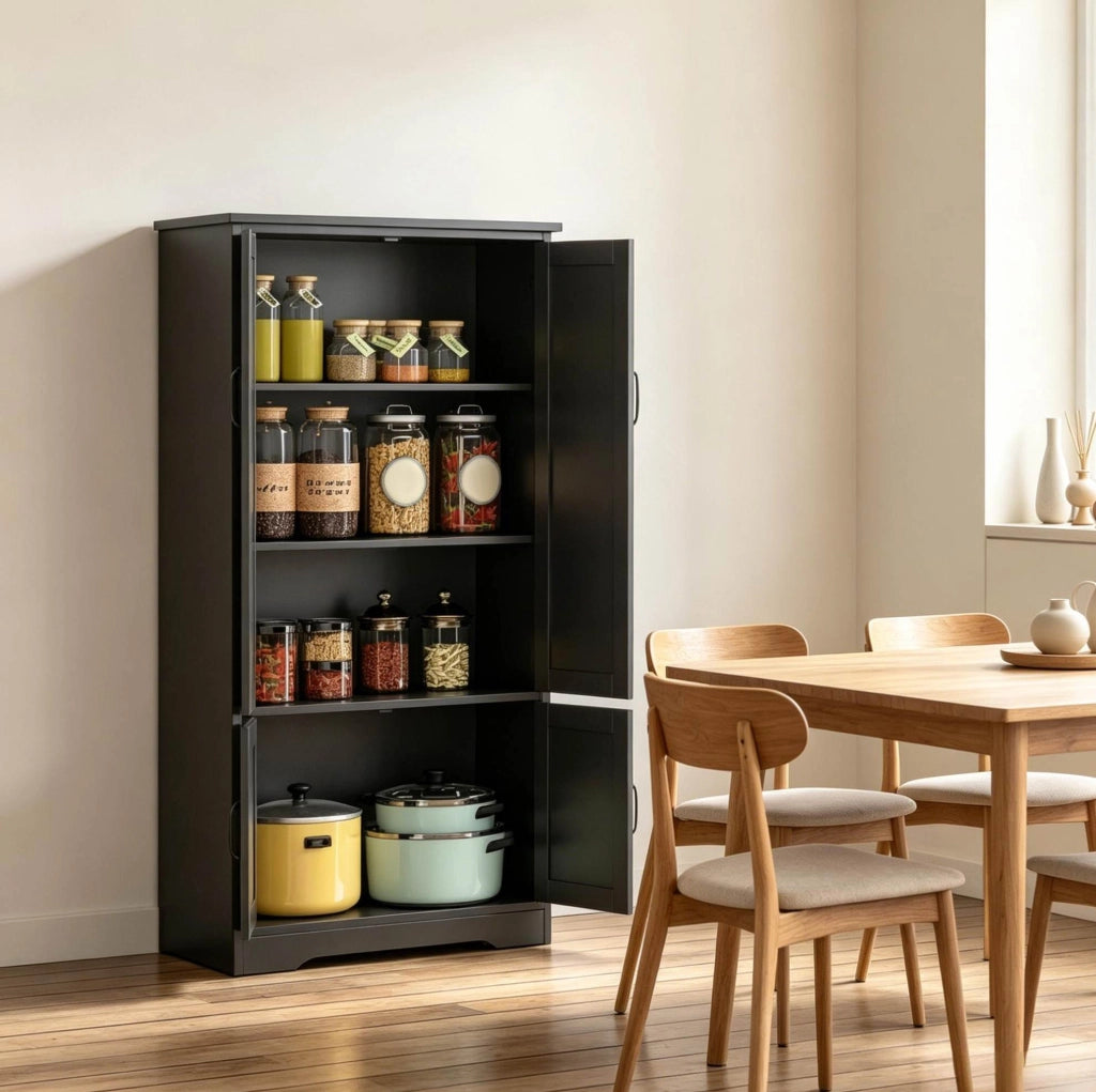 Mobile da cucina ULEVR 60x30x123 cm con 4 ante e 3 ripiani, armadio contenitore nero in MDF