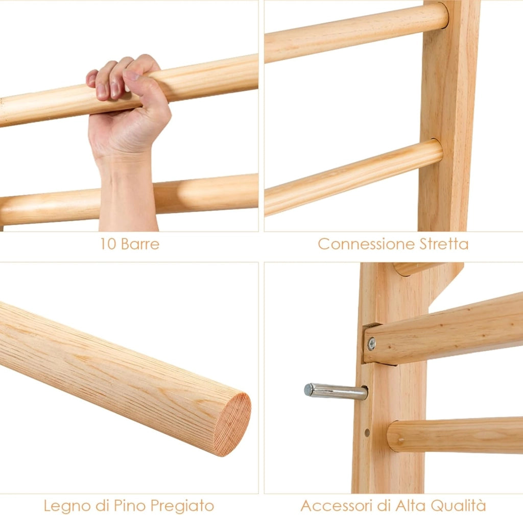 Spalliera Svedese Adulti e Bambini, Scala Svedese in Legno a 10 Gradini, Spalliera Palestra e Casa, Carico Massimo 100 kg, 195 x 80 x 14 cm