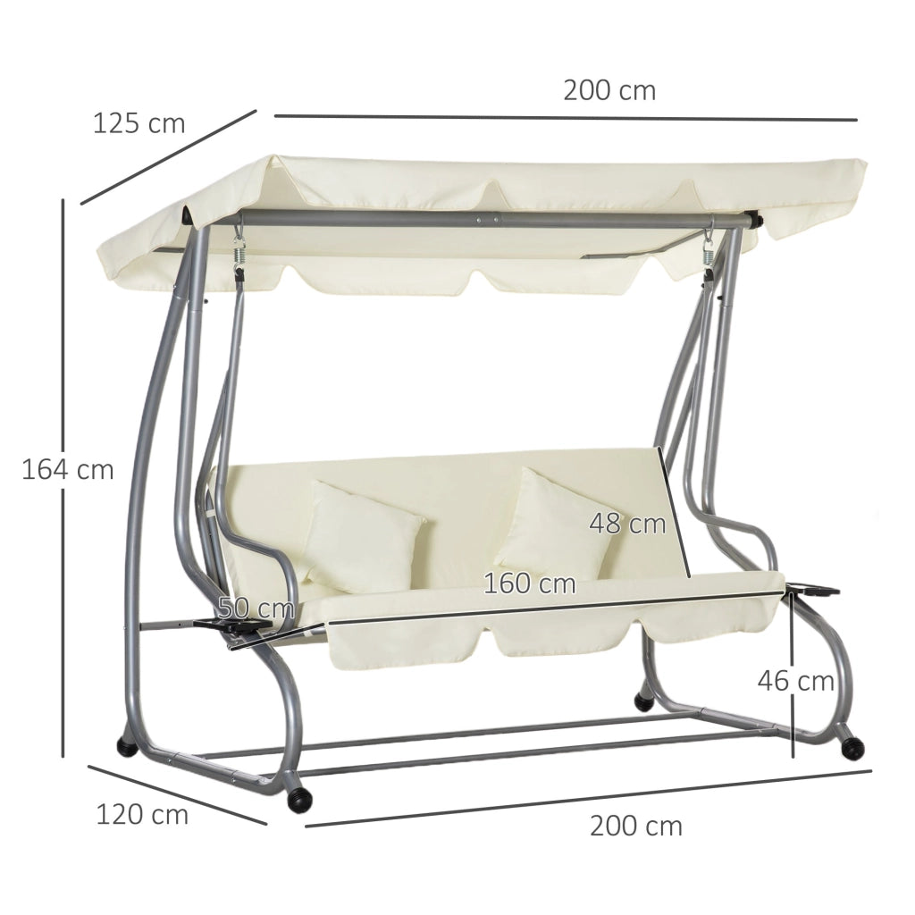Dondolo Letto da Giardino 3 Posti 200x120x164 cm con Tetto Regolabile e 2 Portabicchieri Crema