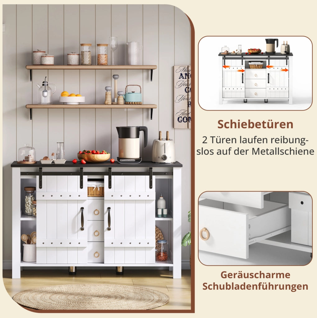 Credenza moderna 120 cm bianca con ante scorrevoli e 3 cassetti