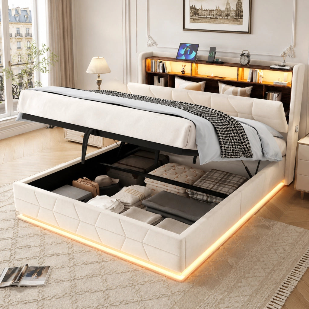 Letto contenitore 140 × 200 cm 2 posti con LED, ripiani, USB e Type-C, senza materasso, velluto beige