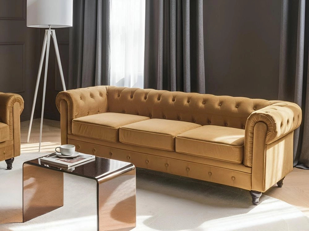 Divano Chesterfield Tessuto Velluto Dorato Rivestimento Gambe Nere 3 Posti
