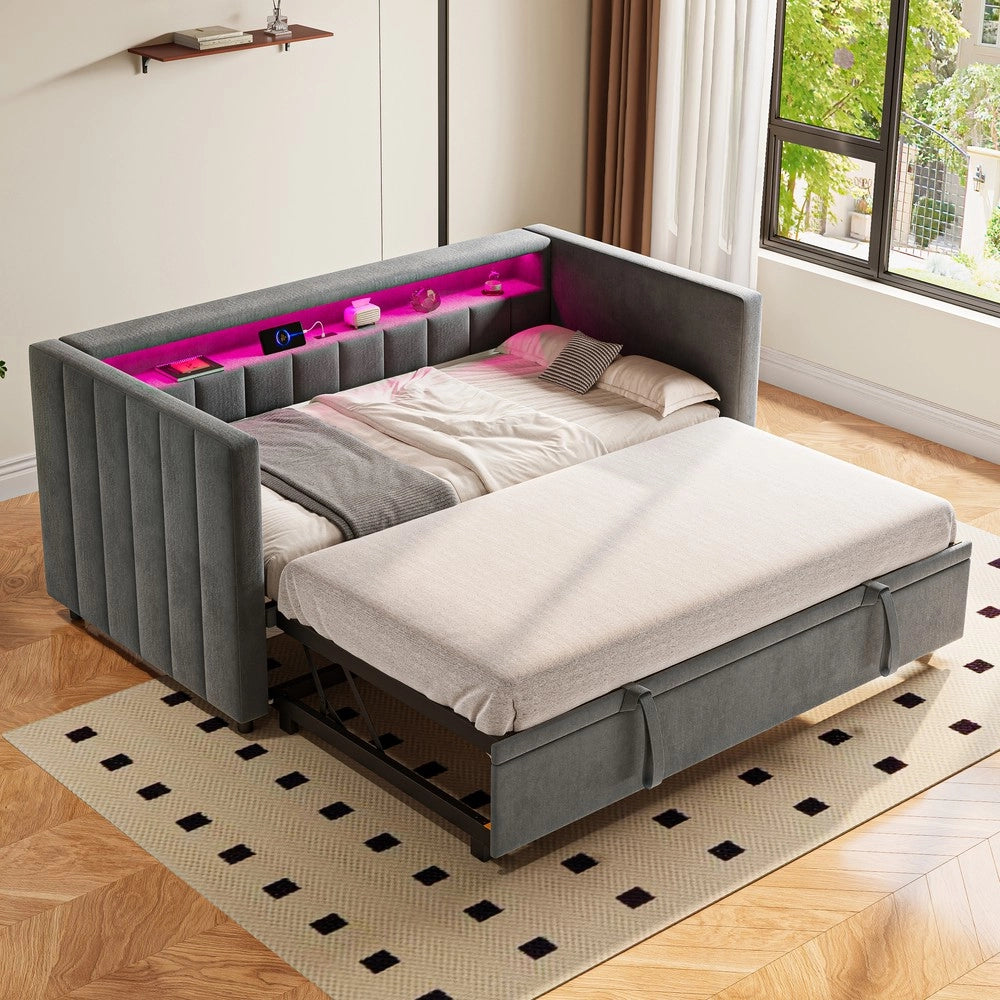 Divano Letto con LED, USB, Velluto Grigio e Contenitore ¨C Xylo ¨C 90x190