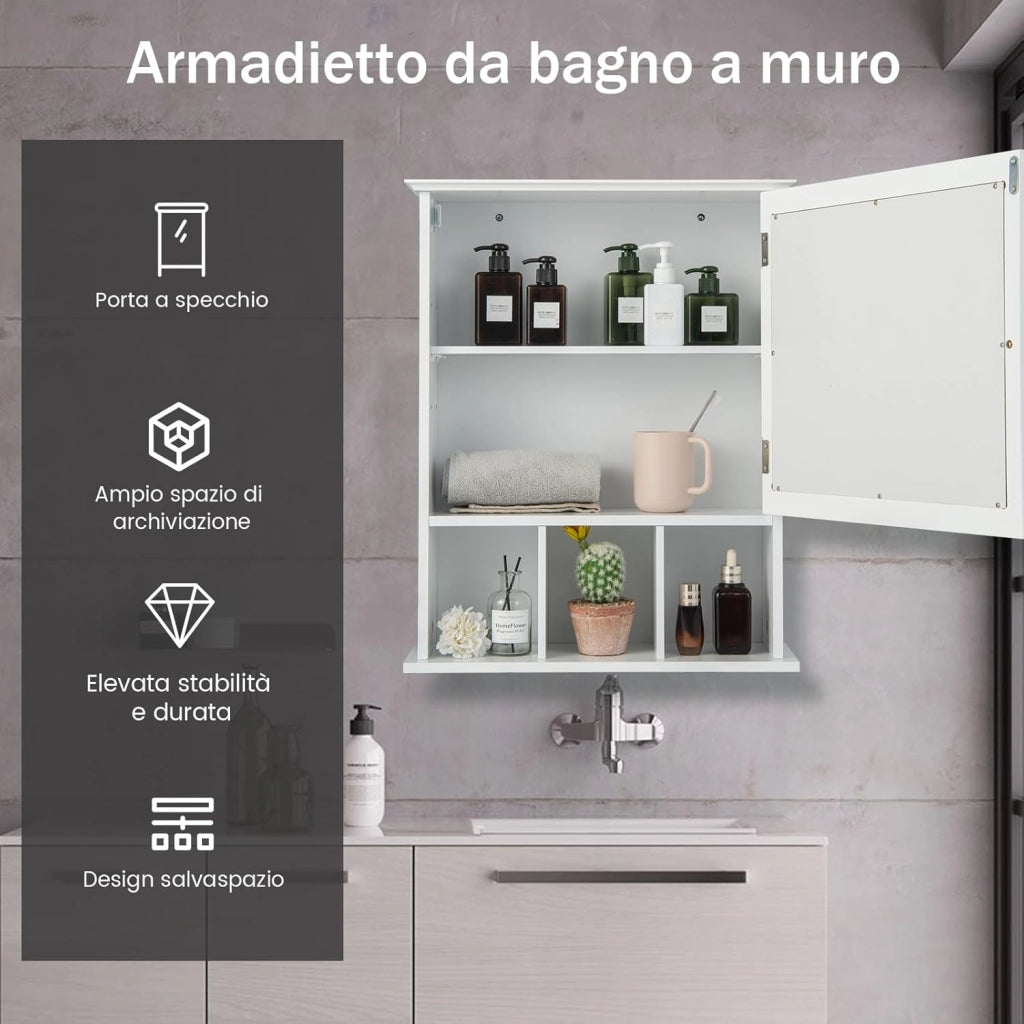 Mobiletto Bagno con Specchio in Legno, Armadio Farmacia da Muro, Armadietto da Parete per Bagno, 50 x 16 x 61 cm (Bianco)
