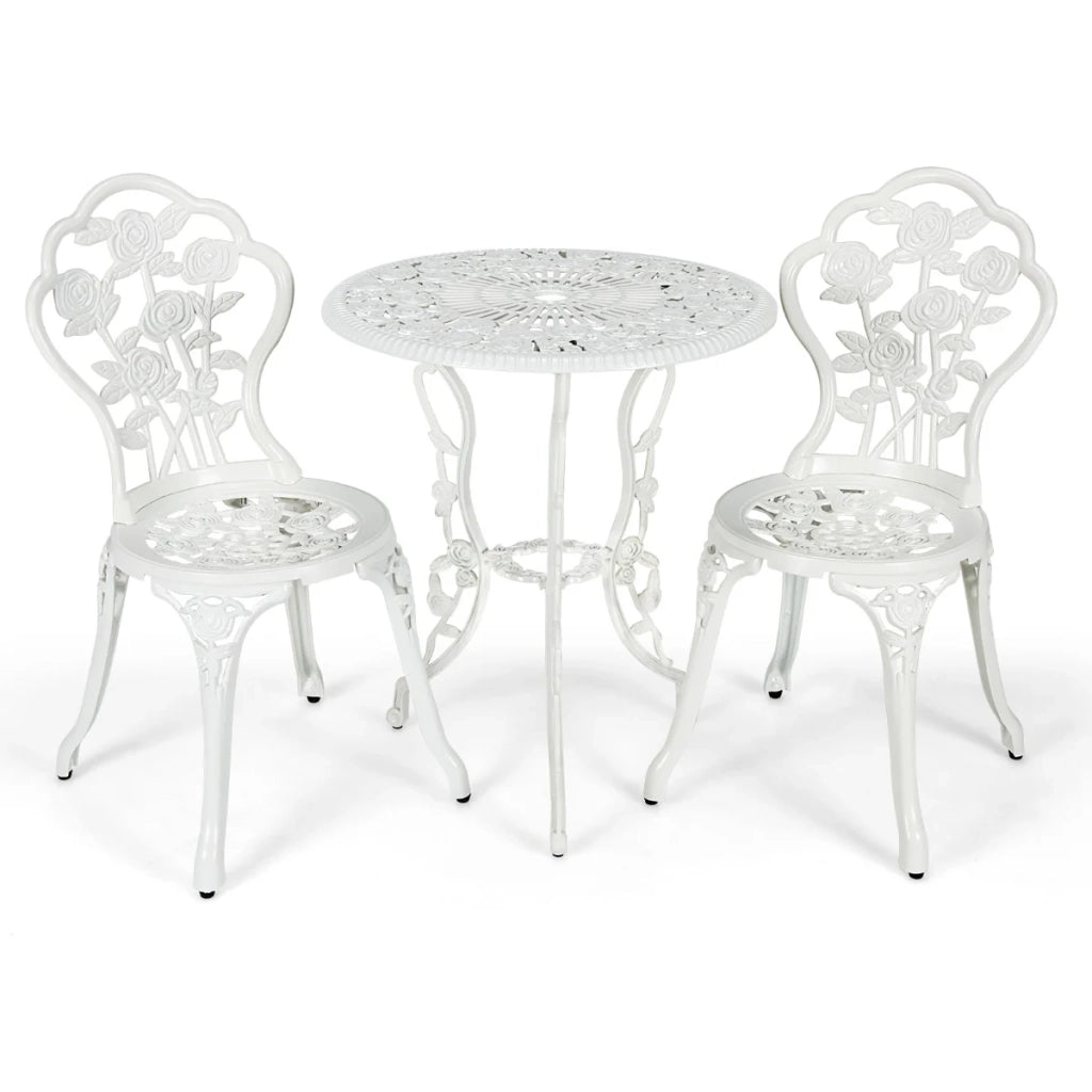 Set di 3 tavoli rotondi e 2 sedie 60 x 685 cm comodi e resistenti alle intemperie stile anticato alluminio pressofuso bianco 20_0012000