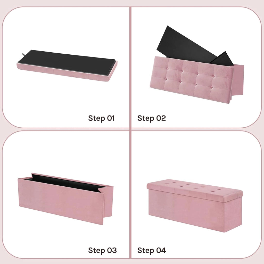 Panche Contenitore per Ingresso Cassapanca Pieghevole Ottomane in Velluto, Max Portata Statica di 300 kg, 118 L, 110x37,5x38 cm, Rosa chiaro