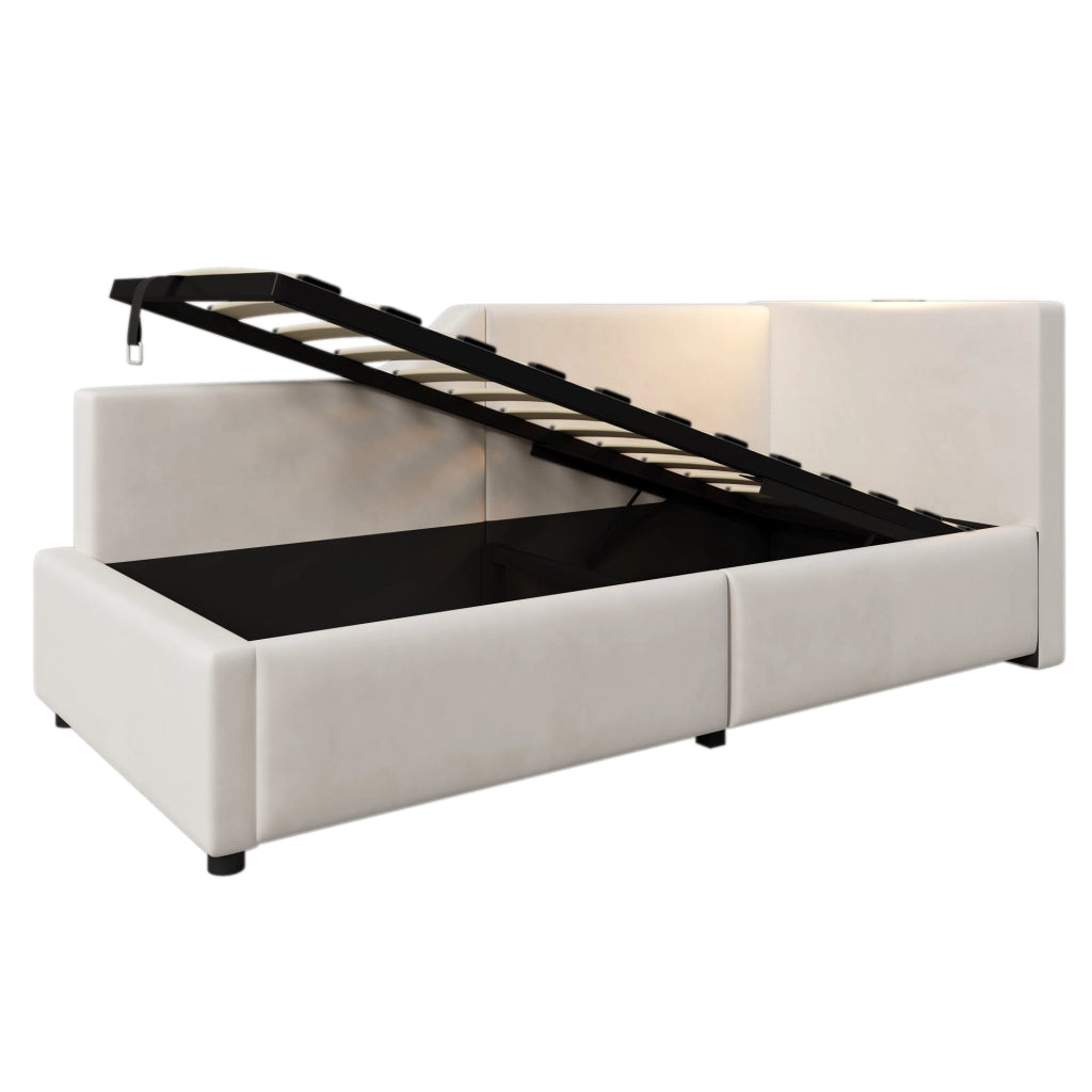 Letto da giorno imbottito 90x200 cm con contenitore idraulico; USB-C e lampada da lettura; velluto beige