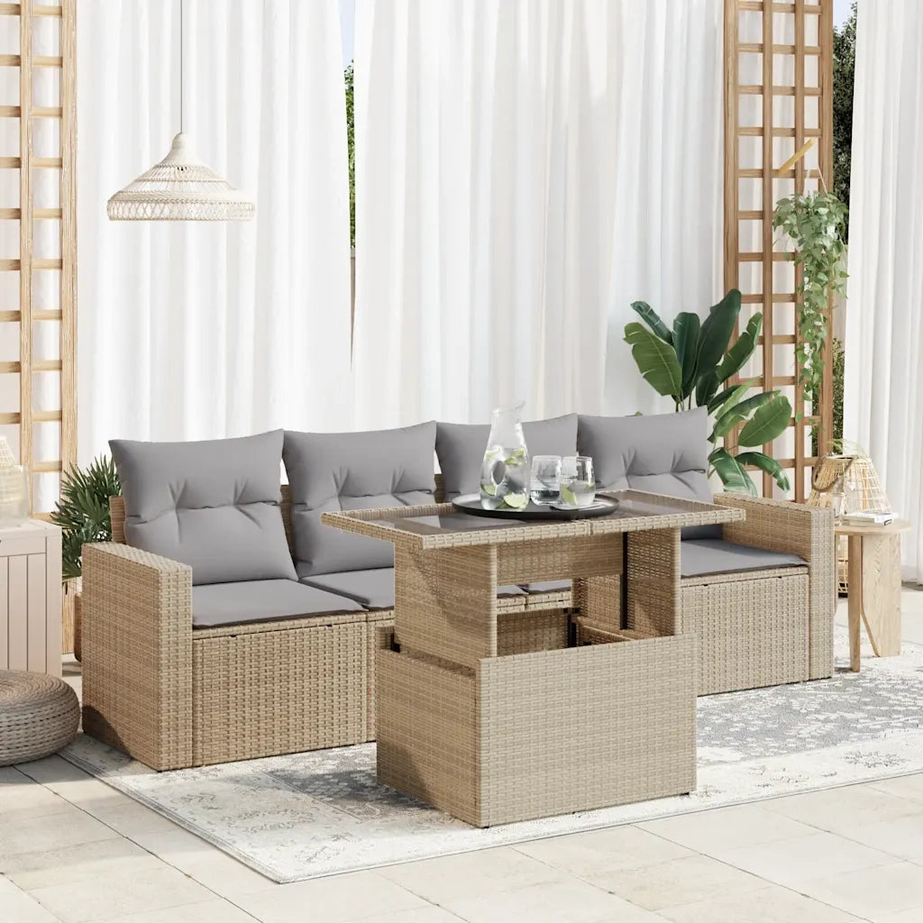 Set Divano da Giardino 5 pz con Cuscini Beige in Polyrattan