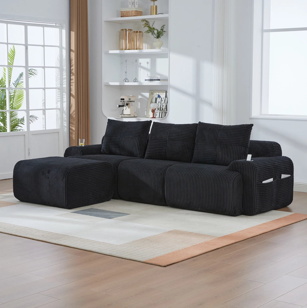 Divano modulare 3 posti 268x174x80 cm con portabicchieri e tasca laterale in corduroy nero