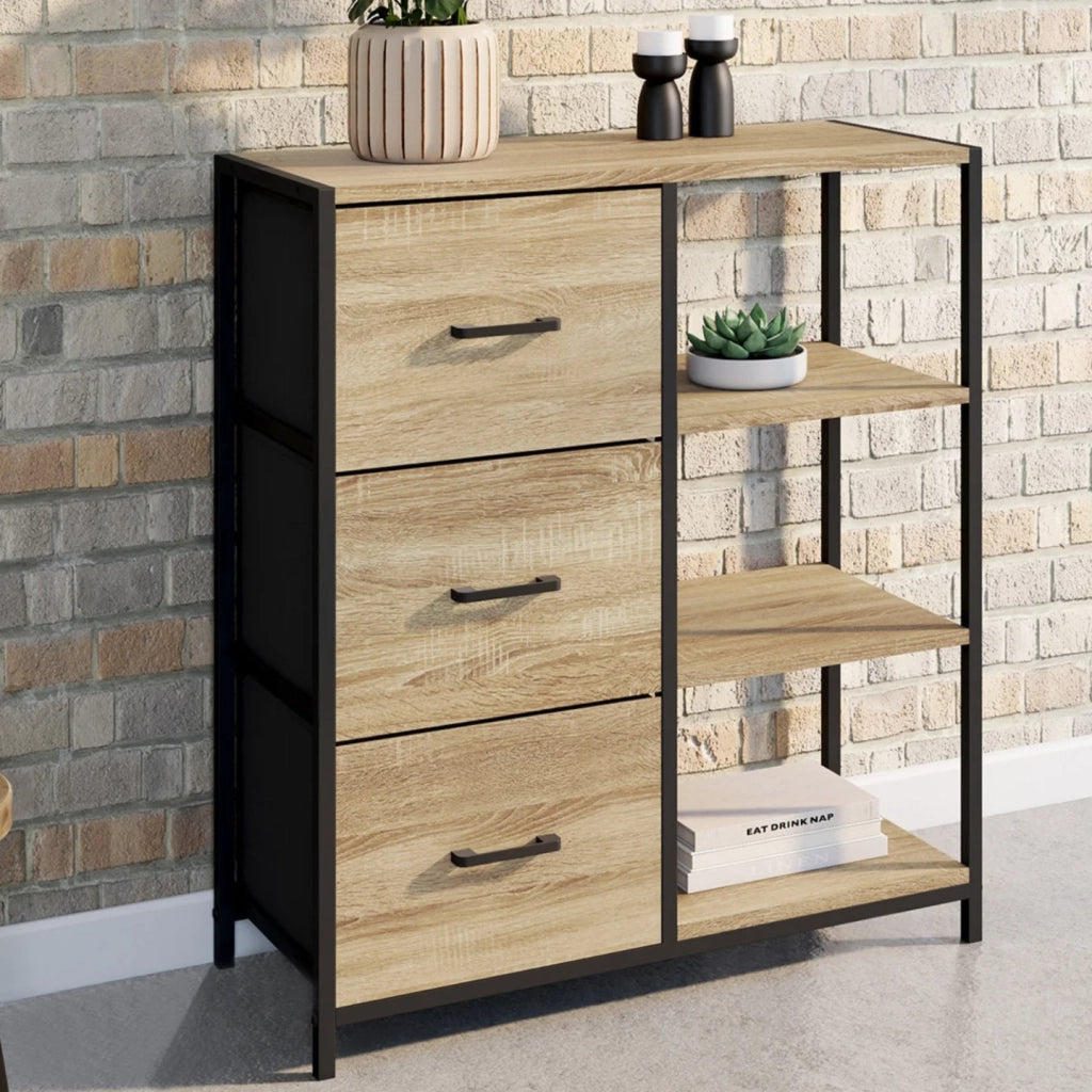 IDMarket - UTAH Aparador de 3 cajones con estantes, diseño industrial, 70 cm