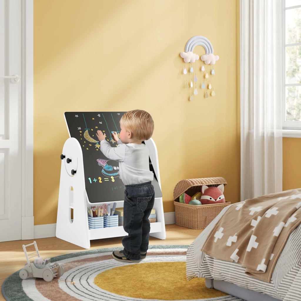 Set di Tavolo e Sedie per Bambini con Cavalletto, Tavolo con 2 Sedie per Bambini, Spazio di Archiviazione, Piano d'Appoggio Girevole, Bianco
