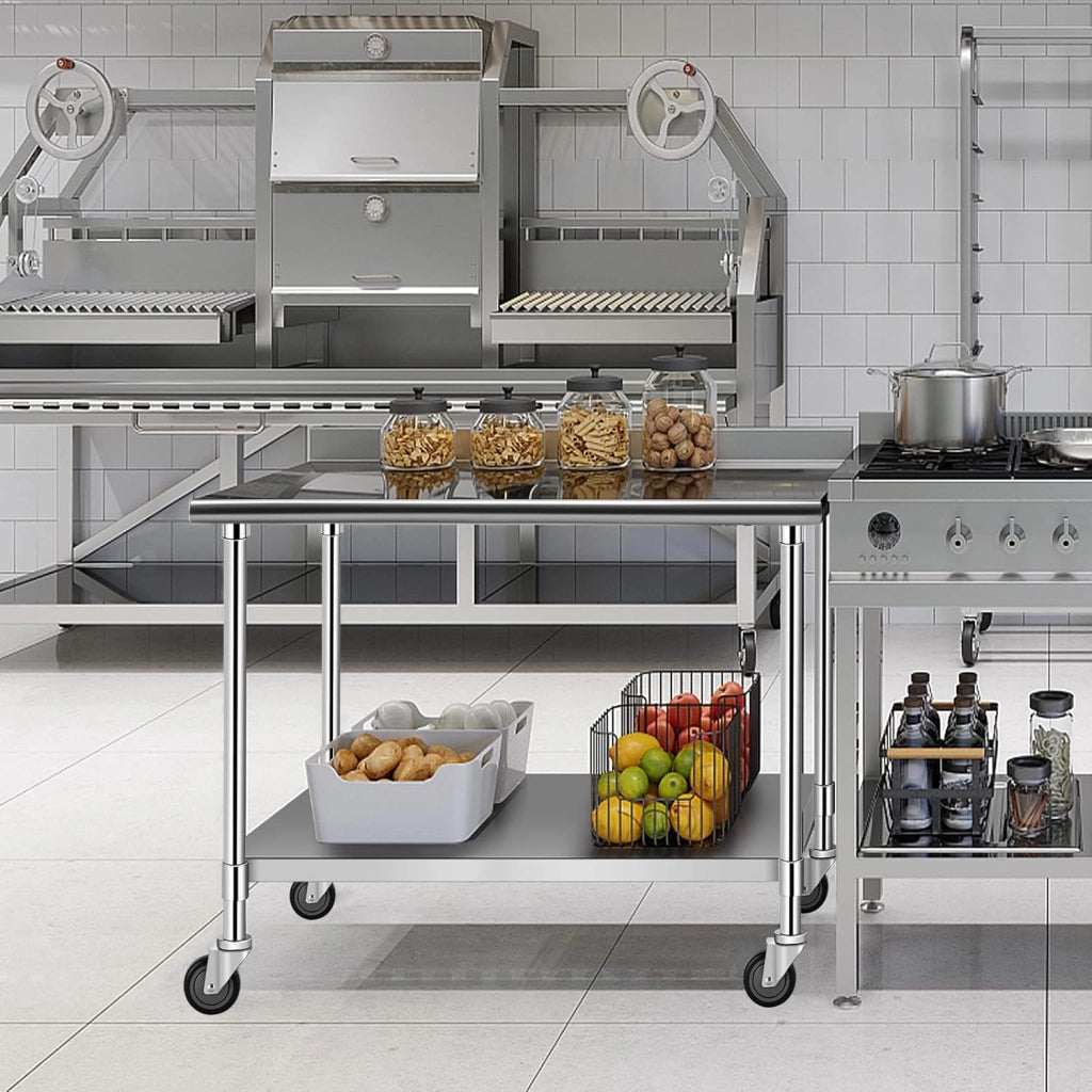 Tavolino da Lavoro, Banco da Lavoro, Tavolo in metallo con Ruote, Tavolo da Cucina in Acciaio, Ideale per Supermercato, Ristorante e Negozio, Elevata Capacità di Carico, Argento