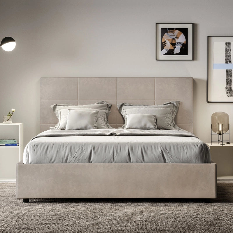 Letto imbottito Matrimoniale francese 140x200 cm Mika - Contenitore,Microfibra,Sabbia