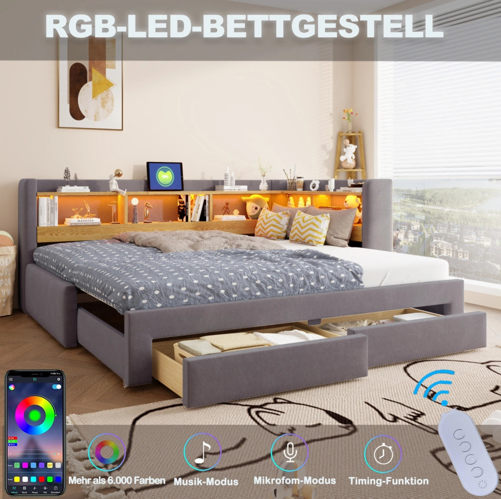 Divano letto estraibile 3 in 1 90x200 cm con cassetti; LED e presa; grigio