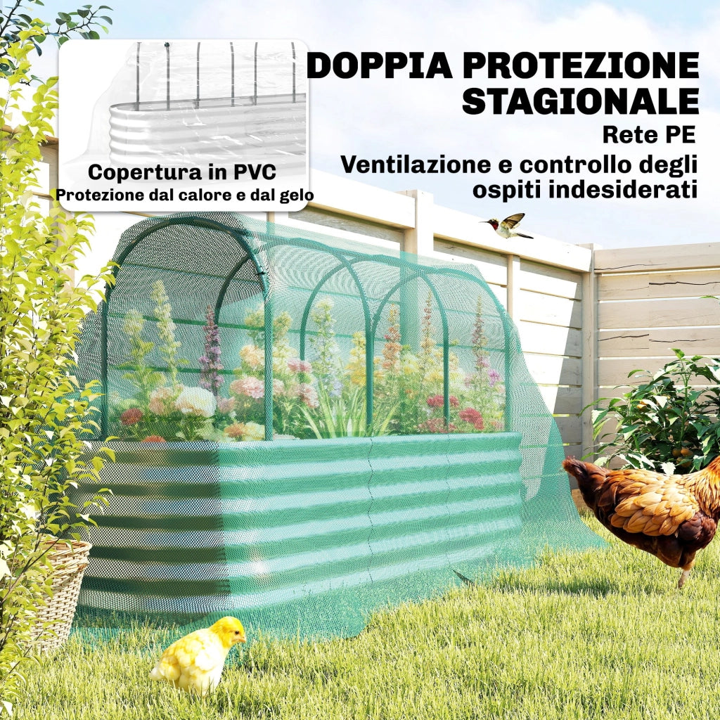 Orto Rialzato e Fioriera con Graticcio e Serra 200x60x103 cm in Metallo Galvanizzato Argento