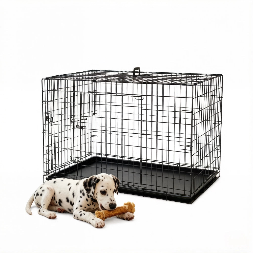 Gabbia per cani pieghevole con due porte bloccabili e vassoio estraibile in plastica e acciaio nero 121 × 77 × 82 cm