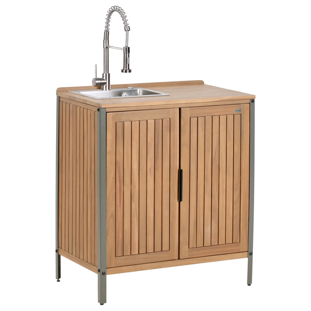 Mobile da giardino in legno di acacia a 2 ante e 2 ripiani con lavello e rubinetto 50 x 80 x 92 cm Piano in legno massiccio Marrone Giardino Cucina Pranzo