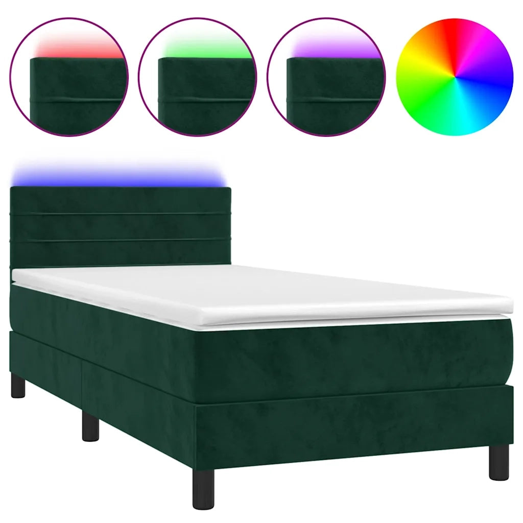 Letto a Molle con Materasso e LED Verde Scuro 90x190 cm Velluto 3134438