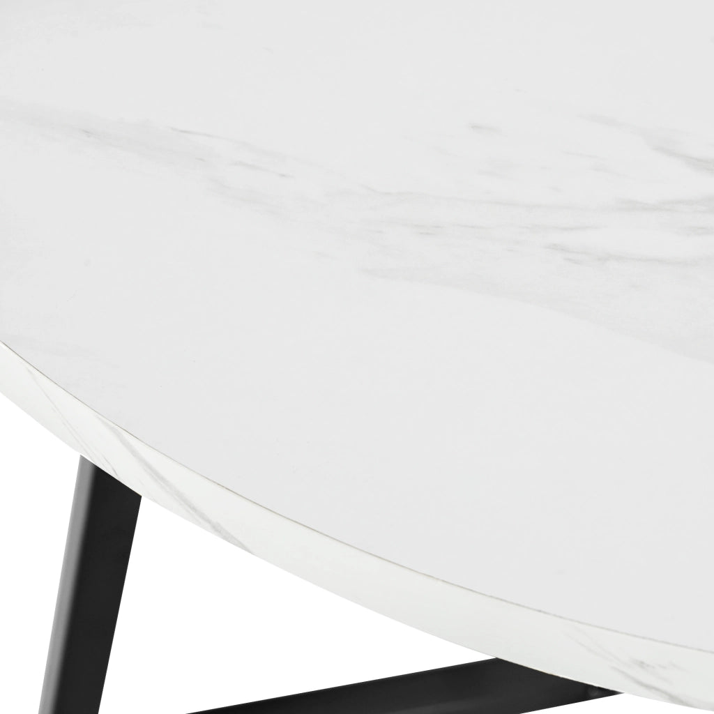 Tavolo da pranzo rotondo 80x75 cm con piano effetto marmo; gambe regolabili in MDF bianco
