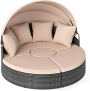 2 in 1 Isola Prendisole per 2 Persone da Giardino, Lettino Prendisole Rotondo in Rattan con Tettuccio Retrattile e Cuscini, Letto da Esterno per Relax e Festa, 172 x 180 x 141 cm (Beige)