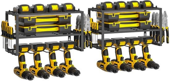 Wandhalterung per Akkuschrauber, 3 Livelli di Stoccaggio per Strumenti con 4 Orecchioni per Viti e 4 Alloggi per Trapani, Dimensioni 42*20*24cm, 2 Pezzi