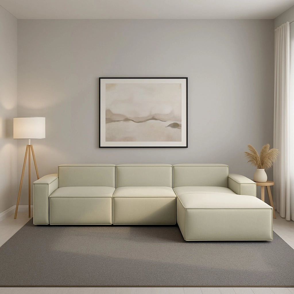 Divano fisso Asvaldo, Divano componibile a 4 posti con penisola destra, Made in Italy, SofÒ  moderno in tessuto, Cm 340x170h70, Beige