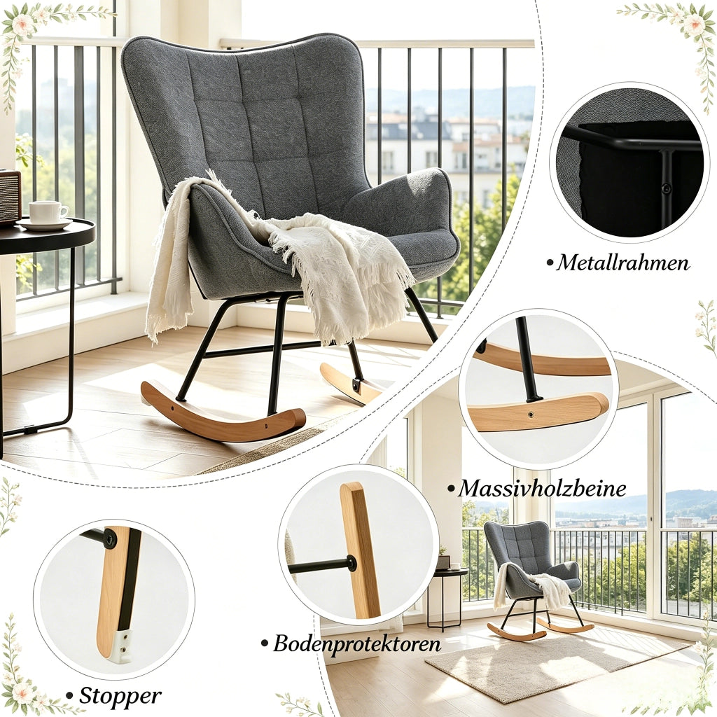Poltrona a dondolo in velluto con schienale alto e design ergonomico, seduta confortevole per relax grigio scuro
