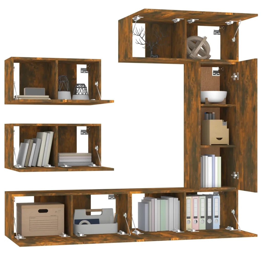 Set di Mobili Porta TV 6 pz Rovere Fumo in Legno Multistrato cod mxl 12123