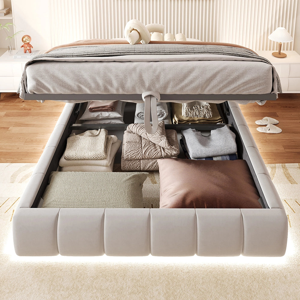 Letto-Xylo-140x200 cm-LED, idraulico, sospeso, beige