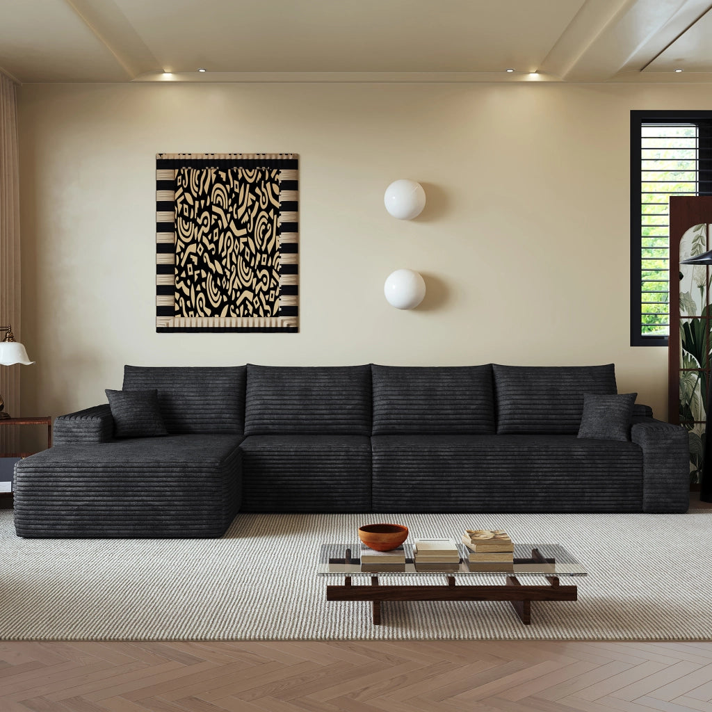 Divano modulare 340x175x83 cm in tessuto a coste nero; imbottitura in schiuma elastica