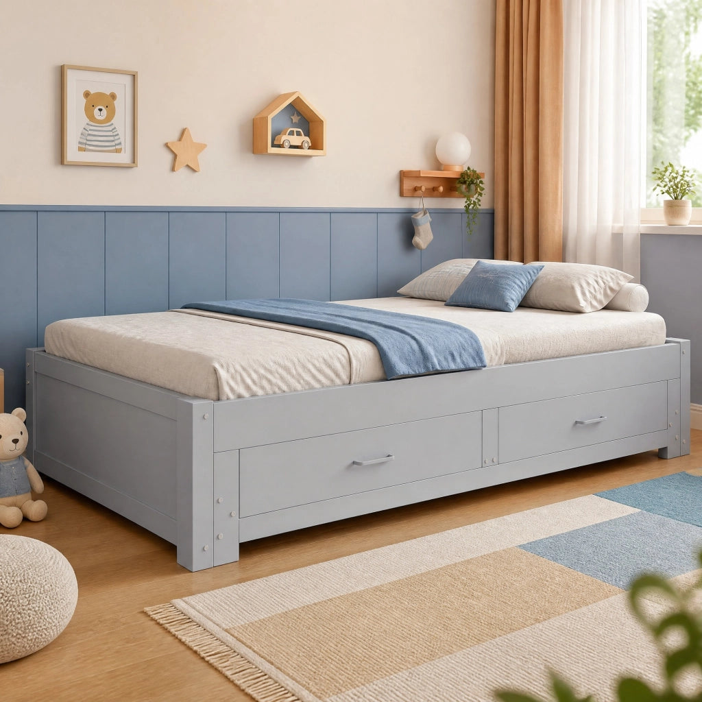 Divano letto in legno estraibile 90/180 x 190 cm con 2 cassetti, rete a doghe, grigio