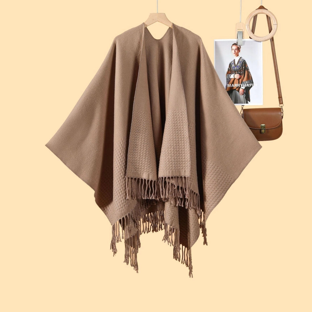 Nuovo scialle monocromatico con nappe, diviso, double-face, jacquard 3D a onde, caldo cashmere