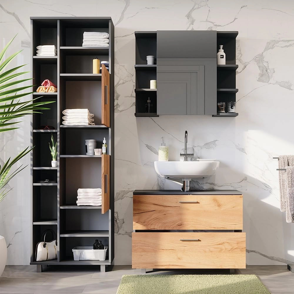 Set di mobili da bagno Ilias, Quercia dorata/antracite, 80.2 cm, composto da mobile sottolavabo, specchiera e colonna alta