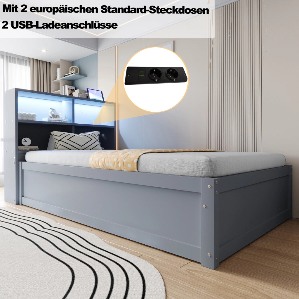 Letto singolo multifunzione 90x200 cm con LED e prese, grigio