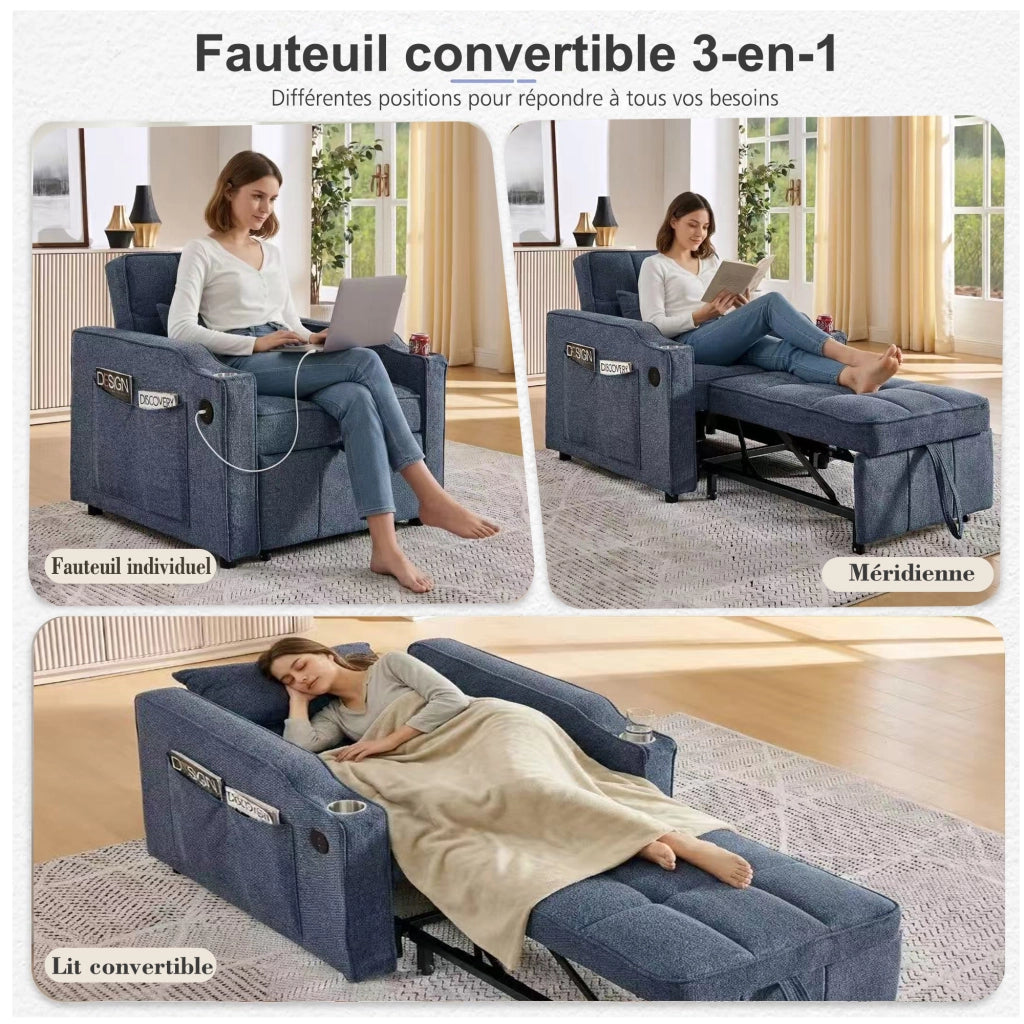 Poltrona letto 3 in 1 con USB e USB-C, schienale regolabile, portabicchieri e tasche laterali in tessuto blu navy