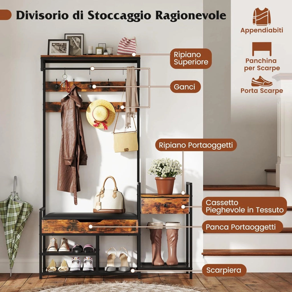Appendiabiti da Terra 178 cm, Stand Appendiabiti da Ingresso con Scaffale per Scarpe 12 Ganci Cassetti e Panchina, Stendibiancheria per Ingresso Soggiorno Camera da Letto