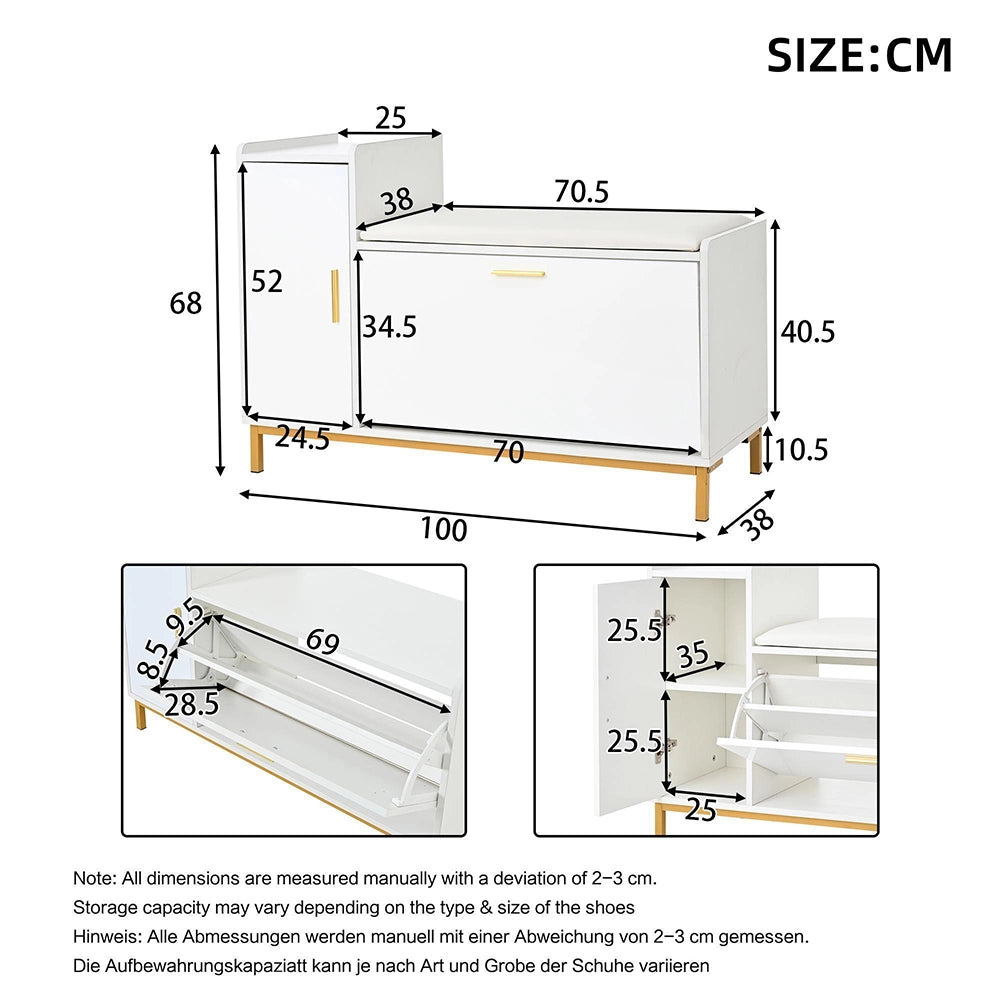 Panchina porta scarpe 100x38x68 cm - Xylo - 2 scomparti, seduta imbottita, piedi metallo oro, bianco e oro