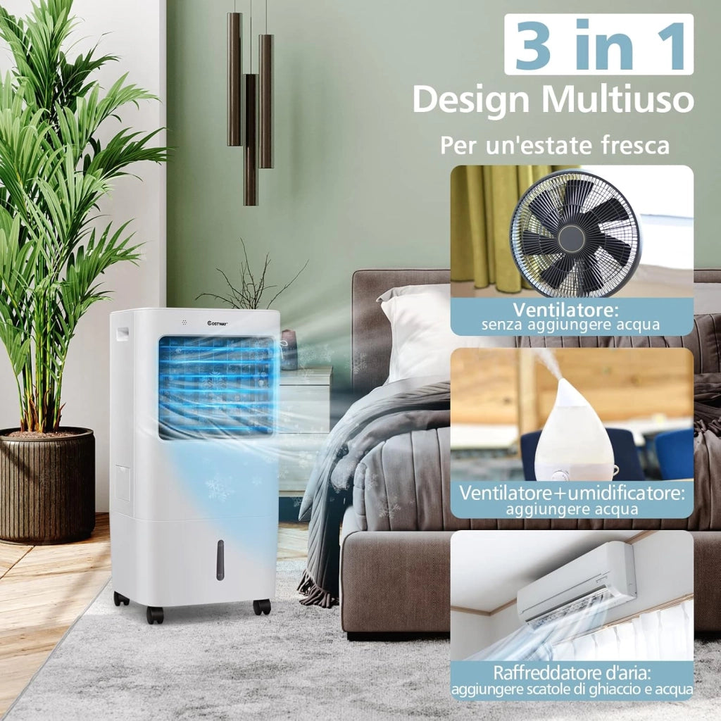 Condizionatore Portatile 3 in 1, Con Raffreddamento, Ventola e Umidificazione, Serbatoio dell’acqua di 20 L, 7,5 H Timer, Con 4 Velocità, Telecomando e Ruote