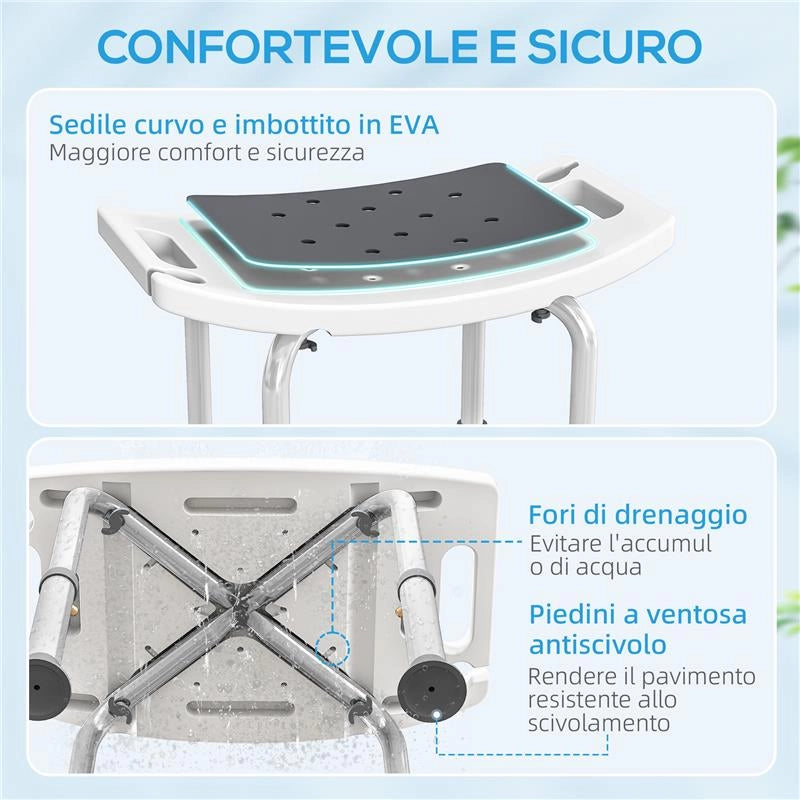 SGABELLO DA DOCCIA IN LEGA DI ALLUMINIO E PLASTICA ANTISCIVOLO, ALTEZZA REGOLABILE 6 LIVELLI 39-52CM, GRIGIO