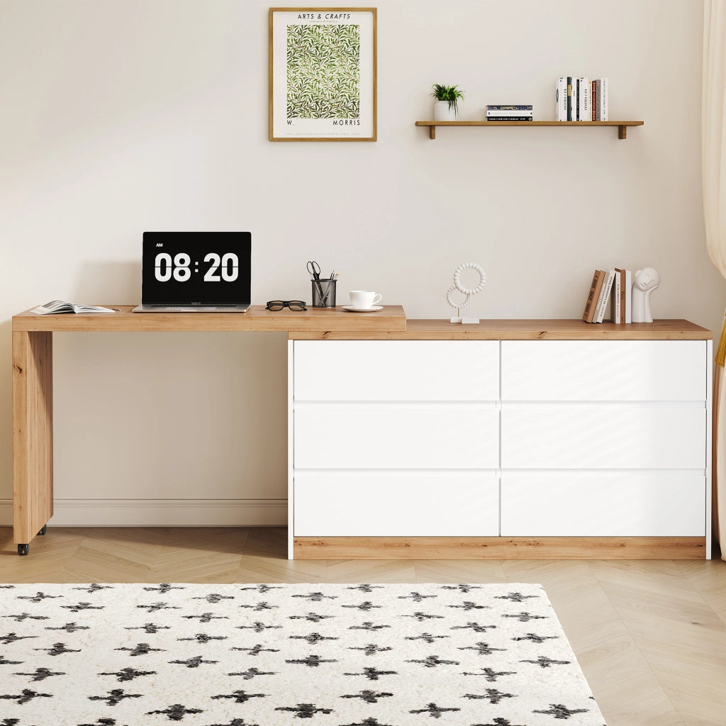 Scrivania girevole con 6 cassetti e ruote bloccabili, per ufficio in casa e camera, in truciolare, bianco e rovere, 120 × 50 cm