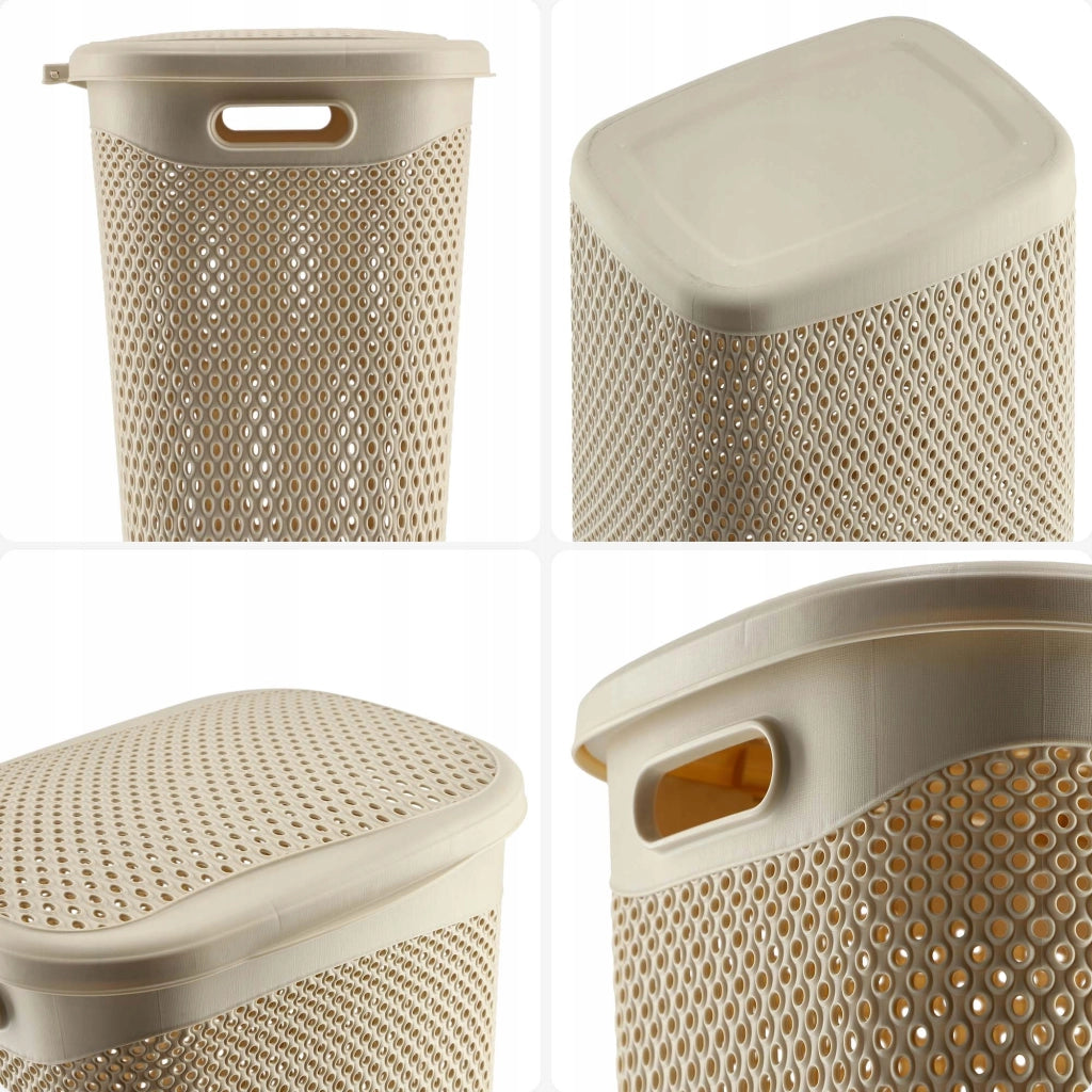 Cesto portabiancheria KADAX con coperchio, contenitore in plastica, 55 litri, beige