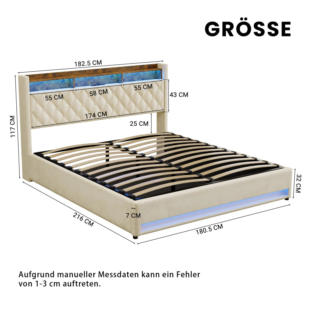 Letto imbottito beige 180x200 cm in velluto con schiuma elastica e struttura ergonomica