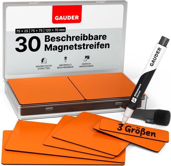 Etichette magnetiche descrittive - piastie magnetiche riciclabili per lavagne bianche, lavagne scolastiche, lavagne Kanban e frigoriferi - cartelle magnetiche con pennarelli (30 pezzi - 3 misure)