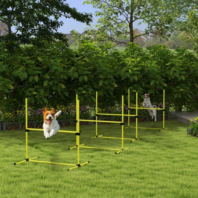 Set agility per cani con 4 ostacoli 2 pali slalom e 5 aste a terra regolabile in altezza in plastica gialla